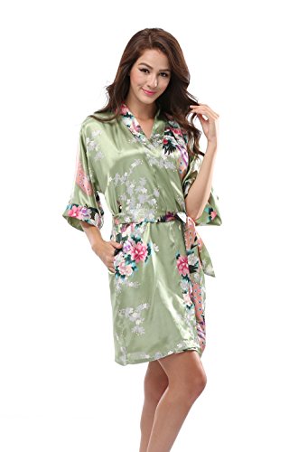 Luvrobes Women's Satin Kimono Robe, Peacock Design, Short (M, Grass Green)