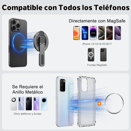 Soporte Magnético para Celular con Anillo, Agarre para Teléfono Mag-safe Mejorado con Imán de Doble Cara, Soporte para Teléfono Compatible con iPhone 17/16/15/14/13/12 Serie, Samsung, Rotación de 360°