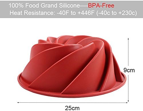 3nh Large Silicone Spiral Shape Food Grade Bundt Cake Mold Pan 3D Fluted Mould Form Bread Bakery Baking Tools Bakeware (Red)