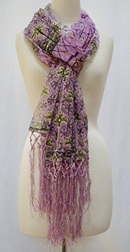 Sheer Block Print Embroidered Tulle Net Scarf Shawl Wrap Stole Fringe Pink