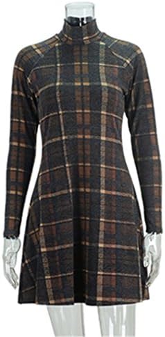 Women Long Sleeve Plaid Flannel Dresses Cotton Autumn Winter Vintage Elastic Dark Gray Plaid XL