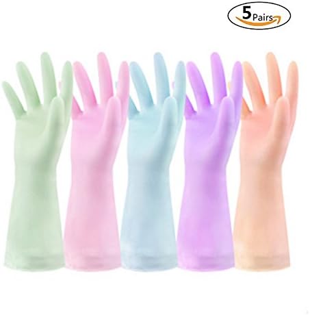 Beauy GirlSet of 5 Pairs, Beauy Girl Reusable Waterproof Latex Household Gloves for Kitchen Dish Washing Laundry Cleaning, Medium (5 Colors), Household Kitchen Claening Gloves with Cotton