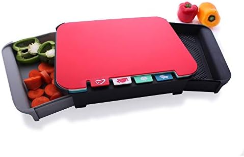 Chopping Board Set Index Coloured Cutting Board Non Slip BPA Free with Stand and 2 Drawer Compartments Set of 4