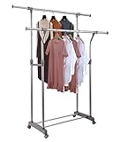 ProAid Adjustable 2 Rods Rolling Garment Rack with Brake Wheels, Hight Quality Stainless Steel Portable Clothes Rack Clothing Hanging, Gray