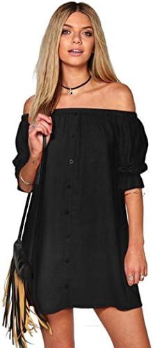 NOMENI Women Casual Button Off Shoulder Short Mini Dress (XL, Blue)