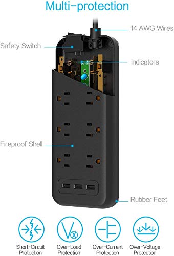 Surge Protector Power Strip, TESSAN 8 Outlets and 3 USB Ports 5Ft Long Extension Cord Flat Plug, 1875W/15A, 1700 Joules, Wall Mountable for Home, Office, School and Dorm Room Essentials, Black