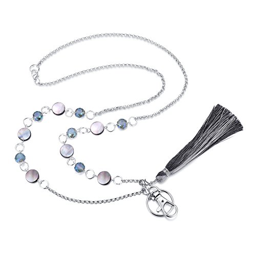 Crimmy - Women's Fashion Lanyards with ID Holder - 34'' Stainless Steel Chain Beaded ID Badge - Stronger Jewelry Lanyards with Convertable Tassle and ID Hook (quartz)