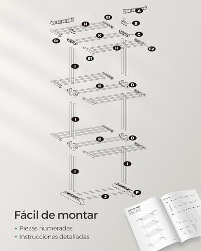 SONGMICS Tendedero, Tendedero Plegable de 4 Niveles, Asas Plegables, con Ruedas, 63.5 x 128 x 173 cm, Interior y Exterior, Gris MLLR701G01