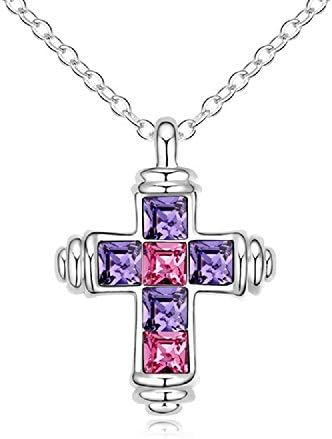 AFSSHOPPING 925 Sterling Silver and Swarovski Crystal Cross Pendant Necklace (Rose-Purple)