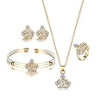 TraveT Women Crown Rhinestone Necklace Bracelet Open Ring Earrings Jewelry Set