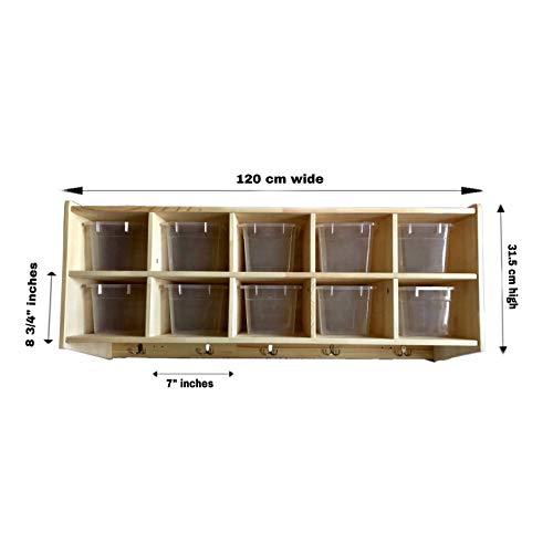 Sleekform Wooden Wall Mounted Hanging Shelf | Includes 10 Bins, 5 Double Coat Hooks | Birch Hardwood Storage Cubby Shelves | Rack for Daycare, Garage, Entryway, Bathroom, Bedroom, Clothes and Shoes