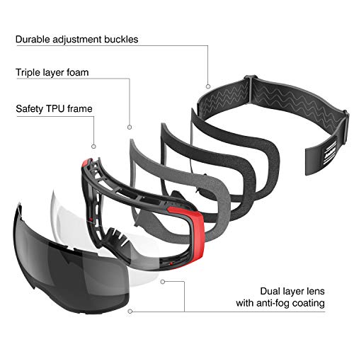 Andake OTG Ski Goggles Dual Lens Over Glasses Ski Snowboard Goggles Anti-Fog UV 400 Protection Snow Goggles Winter Outdoor Sports Protective Glasses - Thumbnail 4