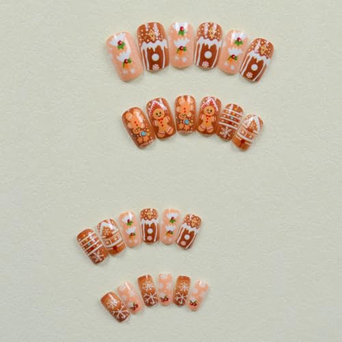 Christmas Cute Cartoon Nails Press on Nails Medium Square Fake Nails with Snowflake Candy Canes House Gingerbread Man Designs Acrylic False Nails Xmas Winter Glue on Nails for Women and Girls 24Pcs - Image 3