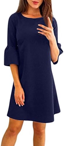 Shybuy Hot Sale Women's Working Dresses ummer Casual Sleeve Evening Dress Solid Color Beach Skirt Short Mini Dress sundress (S, Navy)