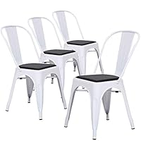 LCH Industrial Metal Dining Chairs, Set of 4 Modern Indoor/Outdoor Stackable Bistro Cafe Chairs with PU Seat, Glossy White