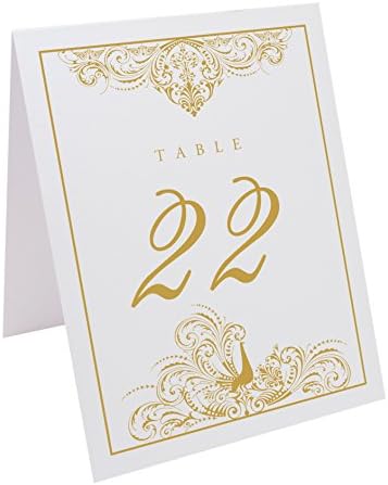 Peacock Flourish Table Numbers, White, Gold, Numbered 1 through 20