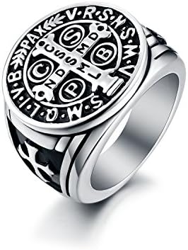 LAOYOU Men's St Benedict Exorcism Ring Stainless Steel Catholic Roman Cross Demon Protection Ghost Hunter