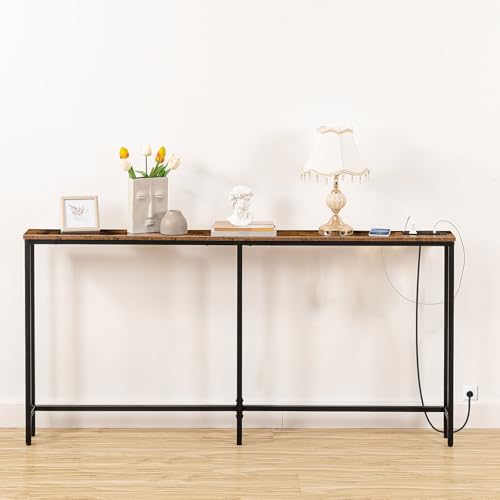 HOOBRO Extra Narrow Console Table with Power Outlets, Skinny Entryway Table for Living Room, 160 cm Slim Behind Couch Table, Thin Sofa Table for Hallway, Foyer, Rustic Brown and Black EBF165KXG01