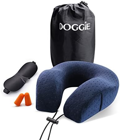 Doggie Travel Pillow 100% Memory Foam Neck Support Soft &amp; Washable Cover Relief Neck Pain &amp; Orthopedic Support for/Chair/Car Seat/Bed/Airplane,etc(Blue)