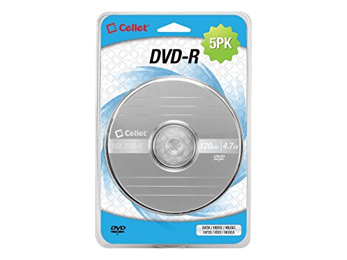 Cellet 5-Pack 16X 120 Min 4.7 GB DVD-R for Video, Pictures, MP3 Files