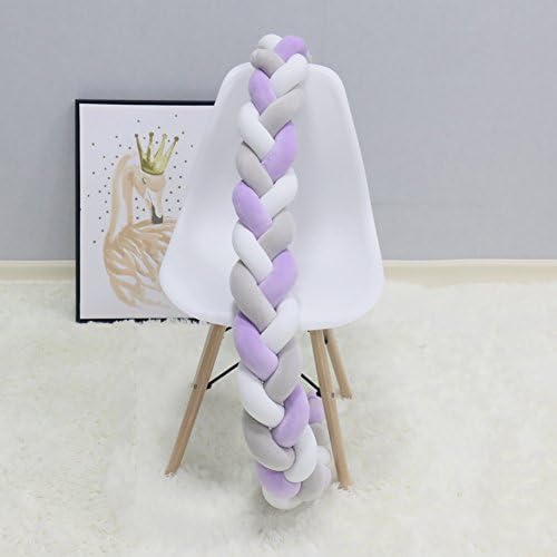 Baby Braided Crib Bumpers Long Knot Pillow Cushion,Nursery Bedding Cot Safety Fence Stroller Bumpers Room Decor (White-Grey-Purple, 300CM)