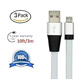 Hankuke Android USB Charge and Sync Cable, [3 pack][10 Feet/3 M] USB 2.0 Fast Charging and Data Transfer Lightning Flat Cables for Android phones, Samsung, HTC, LG, Sony,Xbox One,(3 pack white)