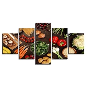 RuiYa Wall Art 200×100 CM 5 Marco Pintura decorativa Vegetales seta pimienta patata zanahoria comida 5 uds HD cuadro de…