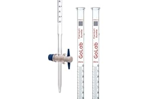 2pcs GoLab Laboratory Class A Burette with PTFE Key Stopcock - 25ml Capacity, 0.05ml Sub Divisions, ±0.03ml Tolerance, Red Graduations - Borosilicate Glass