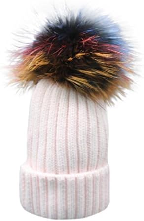EKIMI Women Winter Crochet Hat Fur Wool Knit Beanie Raccoon Warm Cap Hat (Pink)