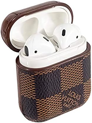 kjelaeg AirPods Luxury Fashion PU Leather Designer Case, Protective Shockproof Case Cover with Carabiner Keychain Compatible with Apple AirPods Charging Case Checker Brown