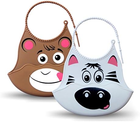 Bibimals Baby Bibs (Zoo Pack) Slide Latch - 2 Pack of Bibs with Food Catcher Pocket Made From Waterproof Washable Silicone Plastic - Babies Love Them - [Add These Bibs to Your Baby Registry Today]