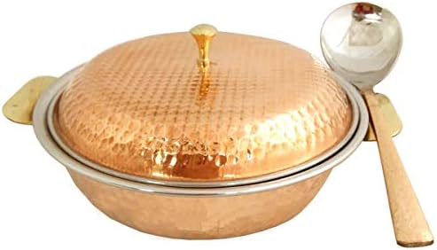KitchenWellness Craft Hammered Steel Copper Casserole Donga Bowl/Copper Handi with Lid and Serving Spoon, Tableware & Serveware | Capacity 850 ML