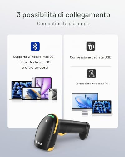 Inateck BCST-36 2D Wireless Barcode Reader with Charging Base, 2600mAh Battery, 2.4G USB Bluetooth Barcode Scanner, Gun Reader 1D 2D QR for POS Stores Inventory Warehouse, BCST-36