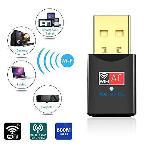 Blueshadow USB WiFi Adapter AC600Mbps - Dual Band 2.4G/5G Mini Wi-fi ac Wireless Network Card Dongle with High Gain Antenna for Desktop Laptop PC Support Windows XP Vista/7/8/8.1/10 (USB WiFi 600Mbps)