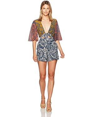 Women's IVY Floral Print Blocked Tie Front Woven Sportswear Romper