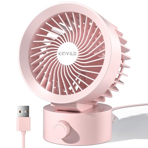 KinYiLO Desk Fan USB, Small Desk Fans Quiet, Stepless Speed Flexible Adjust, Mini Size for Home Office Dorm Desktop, Portable Travel Personal Cooling, Plug In USB Powered, Pink