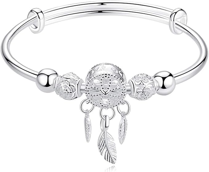VOMONO Ladies bracelet Adjustable 925 Sterling Silver Dream Catcher Tassel Feather Round Bead Charm Bracelet Bangle For Women Elegant Jewelry Well-designed, (Color : Silver)