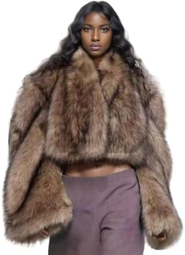 LRYBSA Shaggy Faux Fur Long Sleeve Mid-Length Jacket Brown unisex
