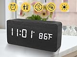 Wooden Alarm Clock, Warmhoming LED Digital Clock with White Backlight, Voice Control and Display Time, Date, Temperature for Home & Office (Black)