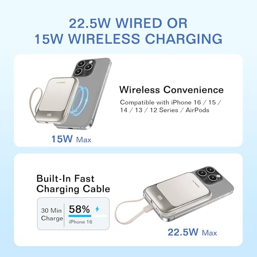 Magnetic Power Bank 10000mAh, Wireless Portable Charger with 15W Max Fast Charging & Built-in USB-C Cable, 22.5W PD LED Display Battery Pack Compatible with iPhone 17/16/15, Samsung Galaxy(white)