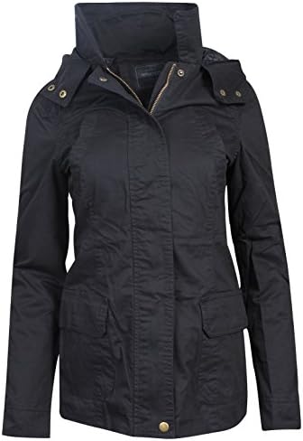 'Miss London Women\'s Military Anorak Hoodie Jacket with Drawstring Waist, Black, X/L'