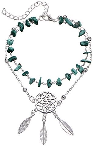GUFER Natural Turquoise Anklets Silver Dreamcatcher Feather Multilayer Ankle Bracelet Beach Foot Chain