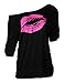 Smile Fish Women Casual Oversized 80s Lips Print Off Shoulder T-Shirt (L, Black-Rose)