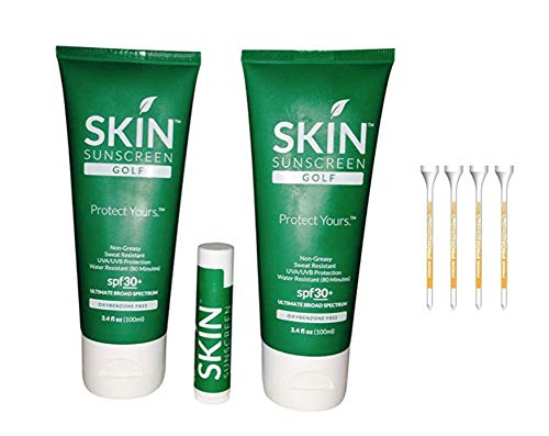 Two 3.4 oz Skin Golf Sunscreen spf 30+ with UVA/UVB protection, water resistant & non-greasy, One Skin Golf Lip Balm Total 3 items + free bonus tees for next round.