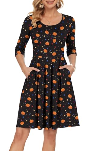 AUSELILY Women's 3/4 Sleeve Casual Dress, Halloween Print L at Amazon