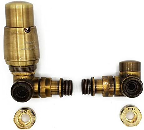 Left Version with Copper (Cu) Connectors Antique Brass Thermostatic + Lockshield Angled Valve Set Double-Pipe Radiator