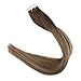 Full Shine Tape In Human Hair Extensions Remy Hair 16 Inch Balayage Color 4/24/4 Medium Brown Highlighted Seamless Skin Weft Hair Extensions 20 Pieces 50 Grams