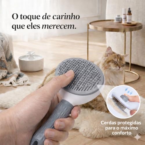 Escova Pet Removedora de Pelos para Cães e Gatos Autolimpante com Cerdas Flexíveis Resistentes e Cabo Anatômico (Cinza)