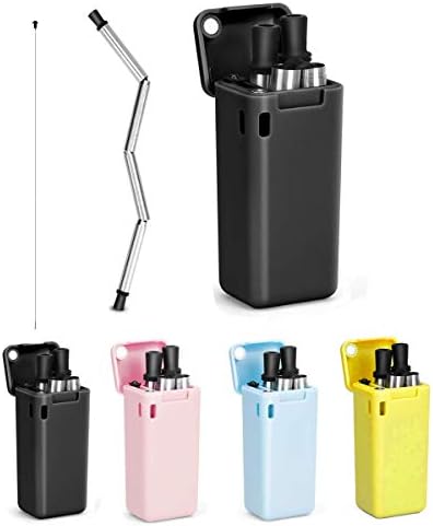 Collapsible Reusable Stainless Steel Straws Food-Grade Foldable Keychain Portable Set with Hard Case Holder & Cleaning Tool for Home & Travel (Black)