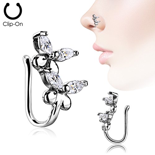 blue palm body jewelry 17 Gauge Double Butterfly CZ Paved Non Piercing nose Clip Ornament N92
